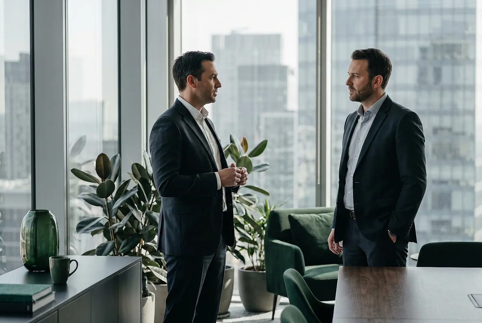 Zwei Führungskräfte im Anzug diskutieren im hellen Konferenzraum am Panoramafenster über HR-Themen