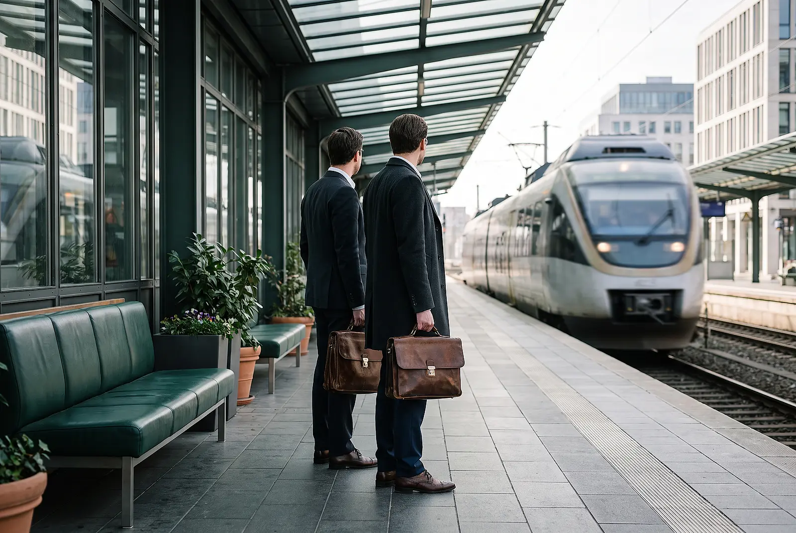 Zwei Geschäftsleute mit Aktentaschen warten auf dem sonnigen Bahnsteig auf den einfahrenden Nahverkehrszug