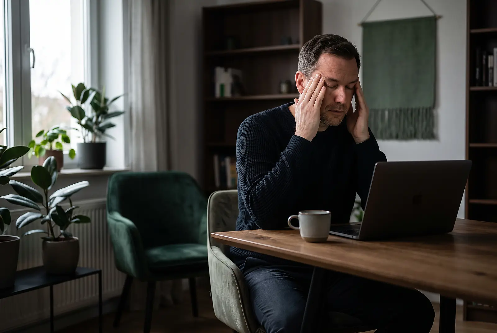 Ein erschöpfter IT-Spezialist reibt sich im abgedunkelten Homeoffice vor dem Laptop die Schläfen