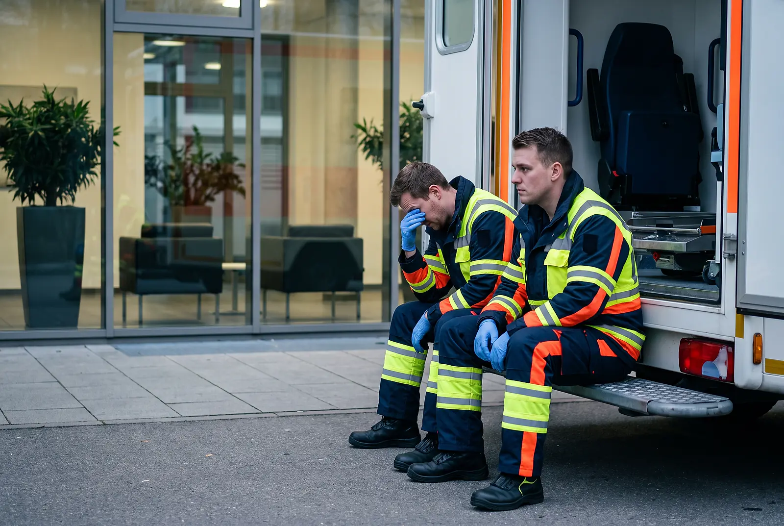 Zwei erschöpfte Notfallsanitäter in Einsatzkleidung sitzen morgens auf der Trittstufe eines Rettungswagens