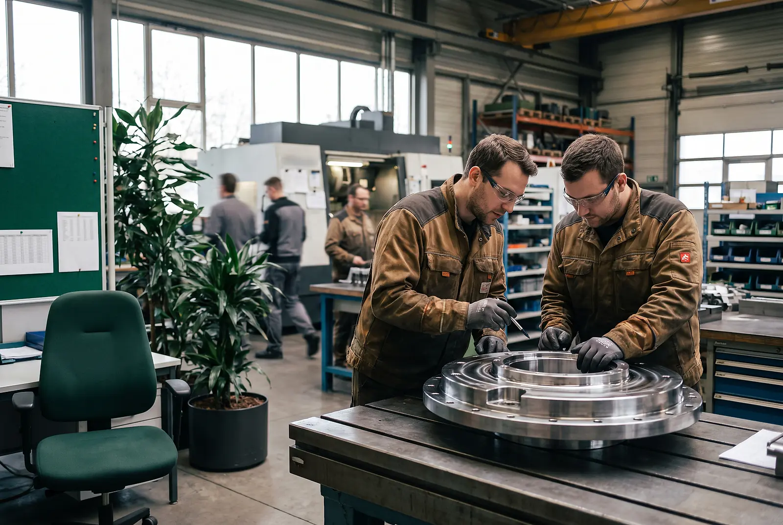 Zwei Metallbauer in Schutzkleidung prüfen ein gefertigtes Stahlbauteil in einer Industriehalle