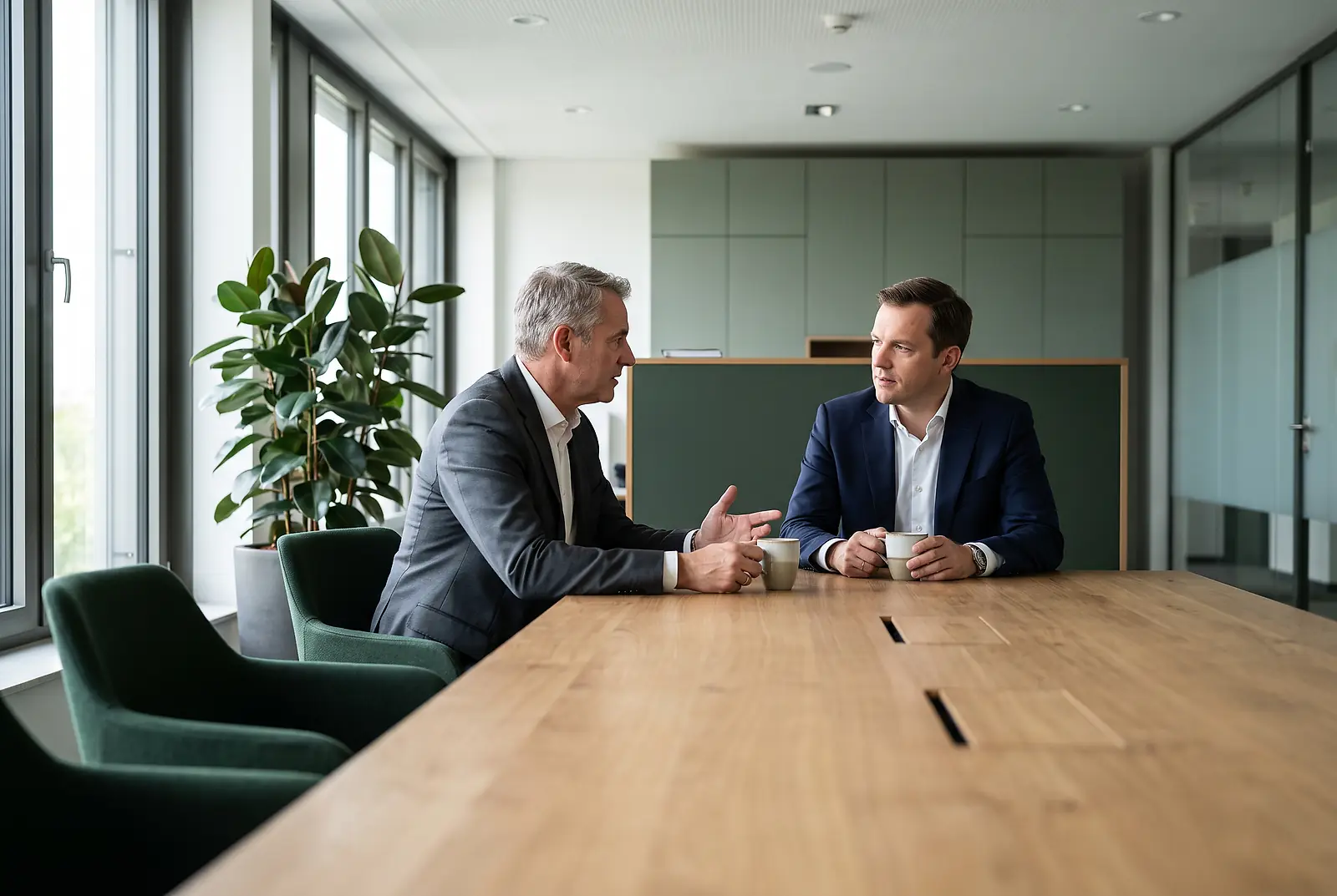Zwei Unternehmer im Besprechungsraum beraten sich bei Kaffee über eine betriebliche Pflegevorsorge