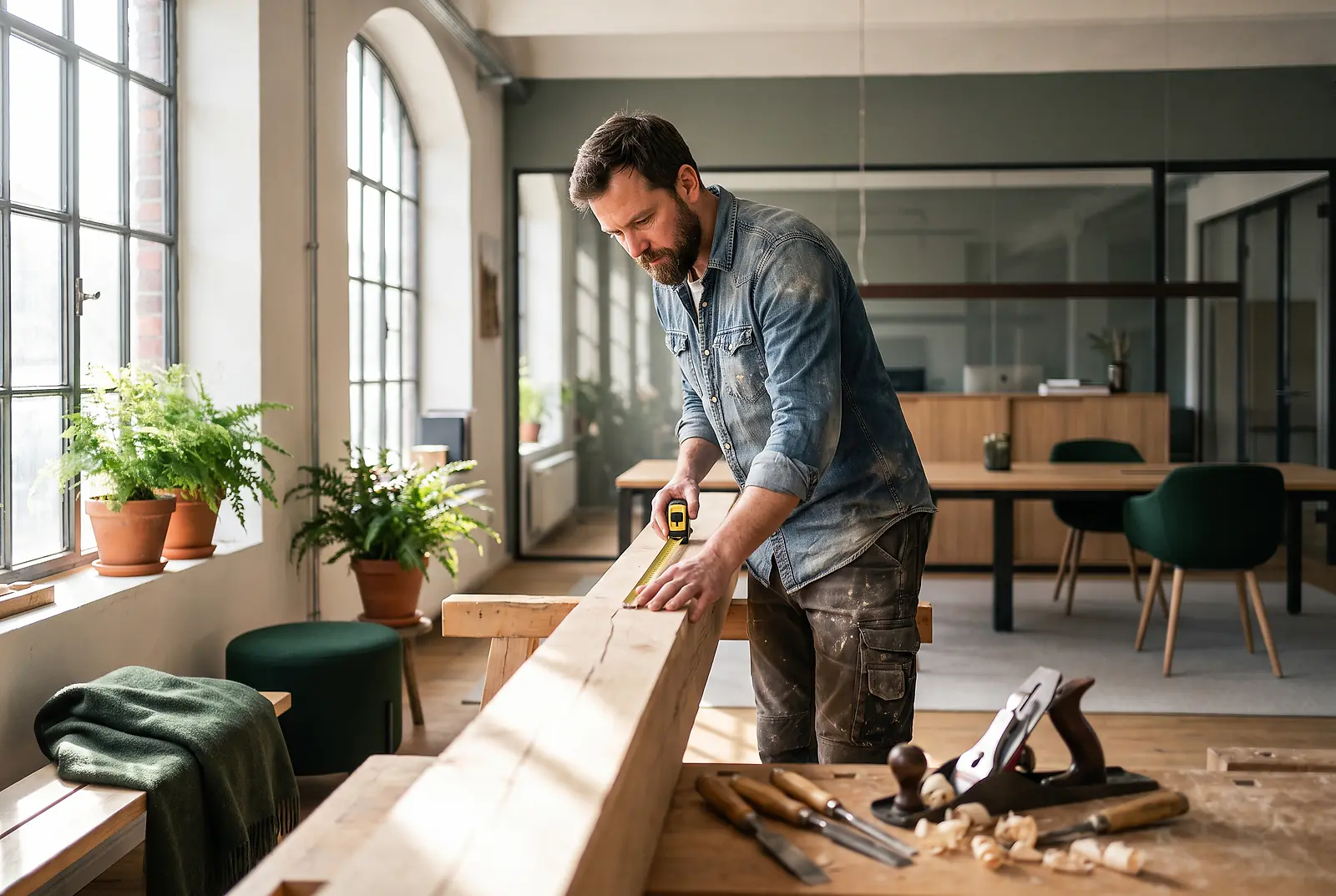 Handwerker in Arbeitskleidung vermisst sorgfältig einen Holzbalken an der Werkbank in seiner Werkstatt
