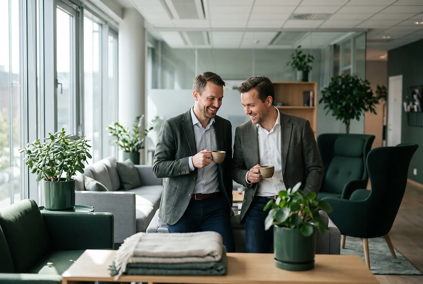 Zwei Kollegen tauschen sich in der Kaffeepause im Bürobereich über Mitarbeiterzusatzleistungen aus