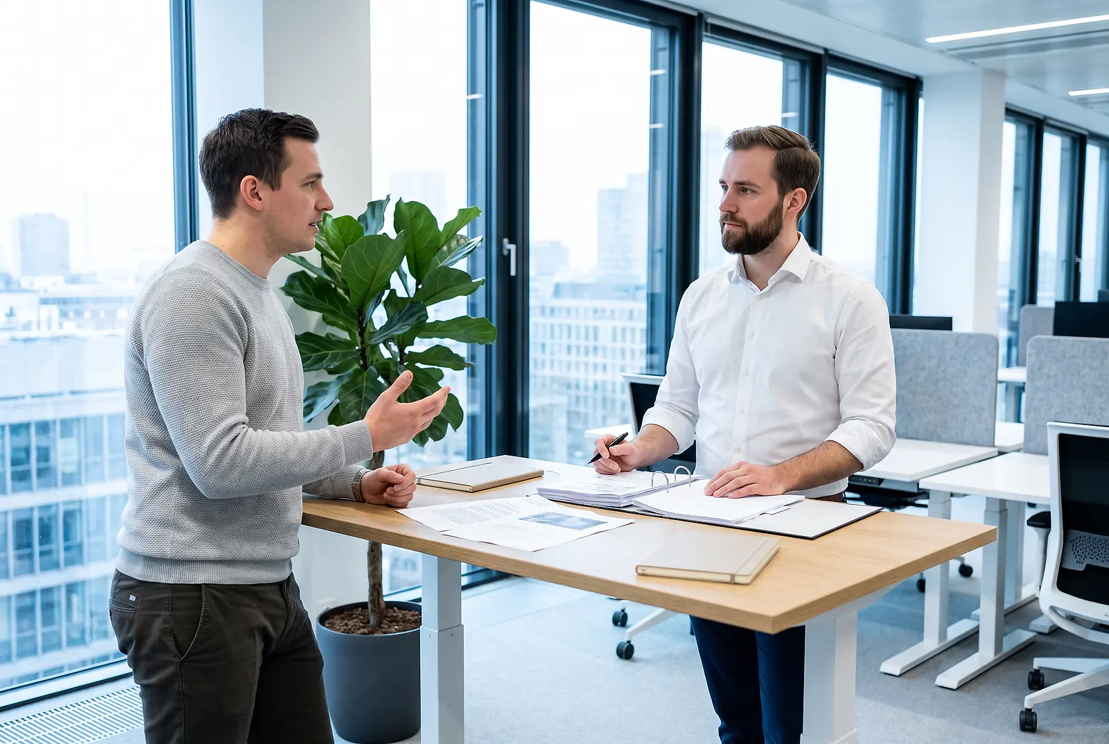 Zwei Mitarbeiter stehen im hellen Büro am Tisch und besprechen die bKV-Tarife der Continentale