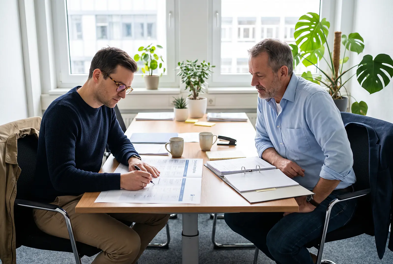Zwei Kollegen gehen am Besprechungstisch gemeinsam eine gedruckte Tarifübersicht durch