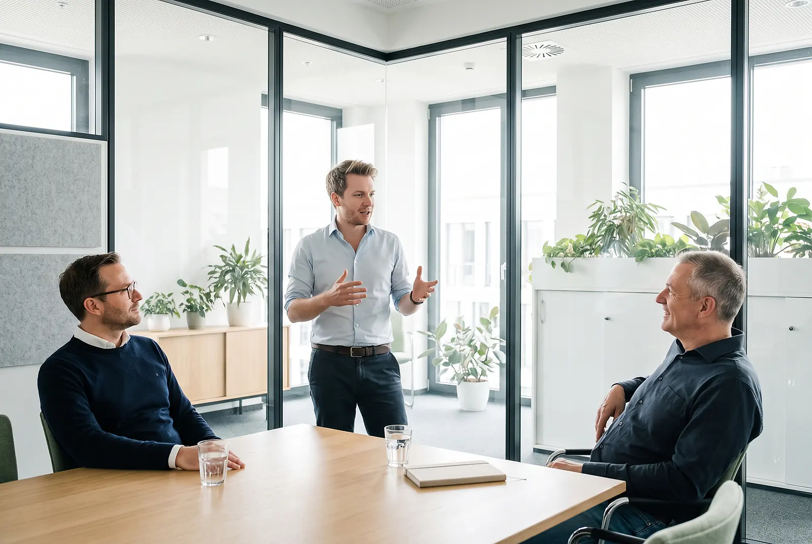 Drei Mitarbeiter besprechen im Meetingraum die bKV der NÜRNBERGER