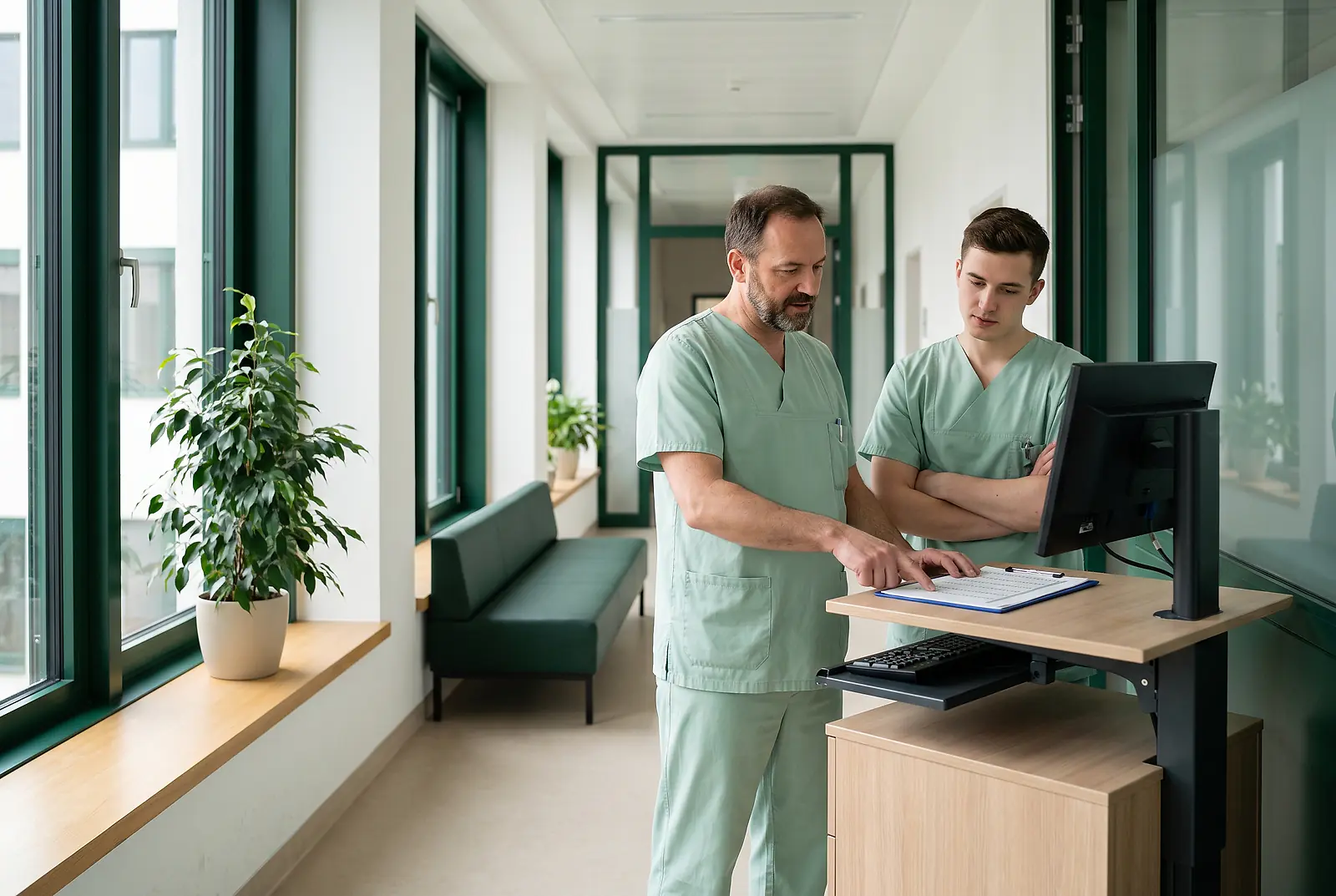 Zwei Pflegekräfte in grüner Dienstkleidung besprechen an einem Rollwagen im Klinikflur einen Dienstplan