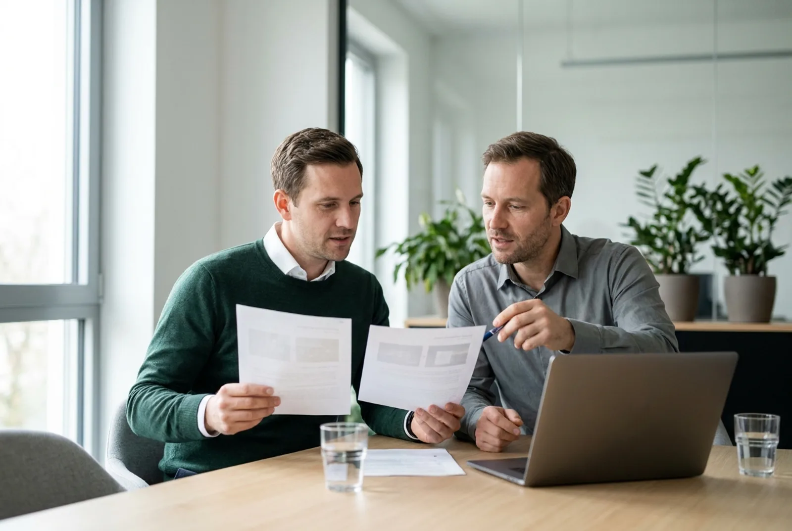 Zwei Männer vergleichen am Besprechungstisch zwei ausgedruckte Angebote, daneben ein aufgeklappter Laptop