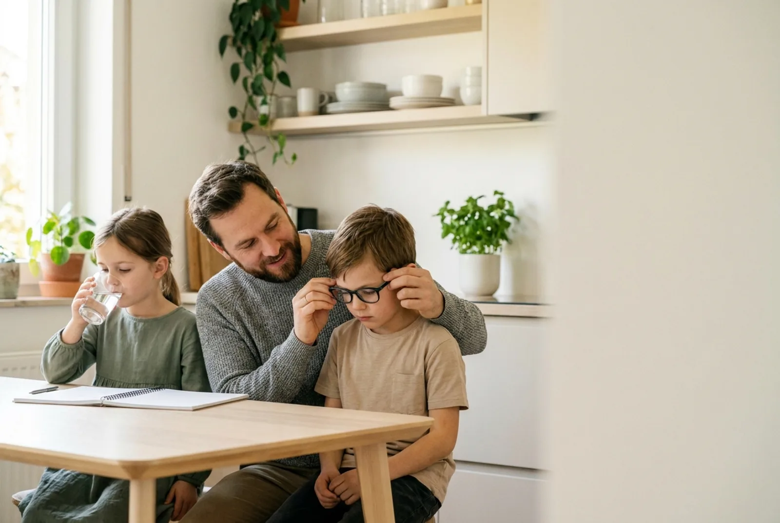 Vater setzt seinem Sohn am Küchentisch eine Brille auf, daneben trinkt die Tochter ein Glas Wasser