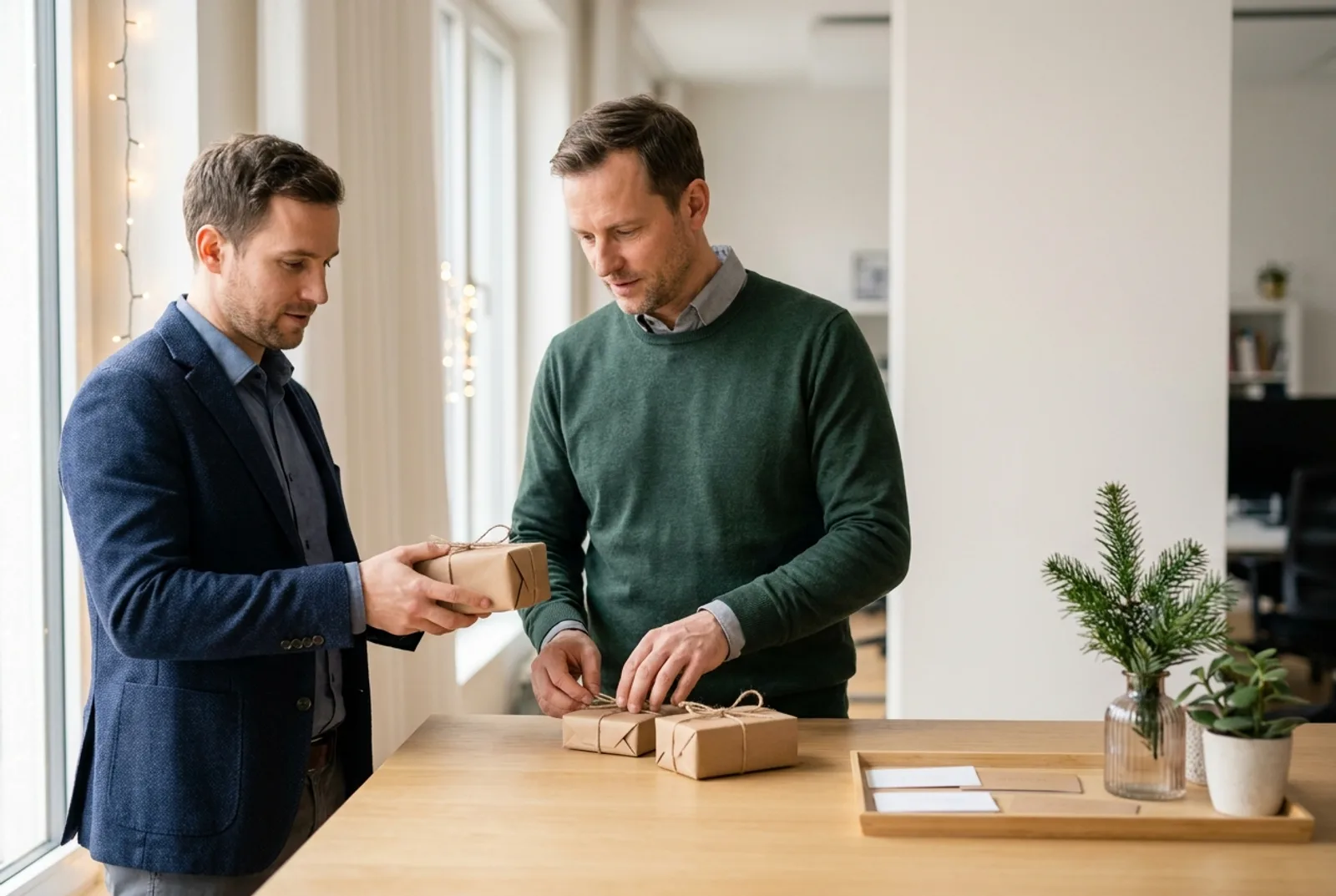 Zwei Männer binden am Bürotisch schlicht in Kraftpapier verpackte Geschenke zu, daneben liegen leere Karten